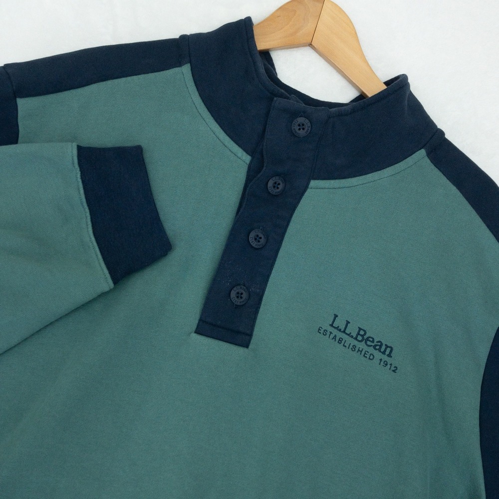 LL Bean Sweatshirt Mens XXL Green Blue Color Block Button Mock Neck Pullover